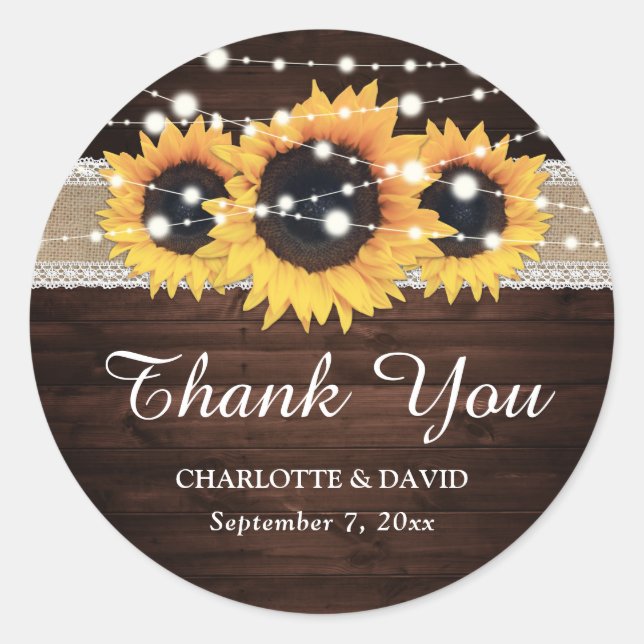 Rustic Chic Wood Burlap and Lace Sunflower Classic Round Sticker (Front)
