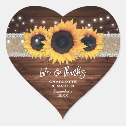 Rustic Chic Wood Burlap and Lace Sunflower Wedding Heart Sticker