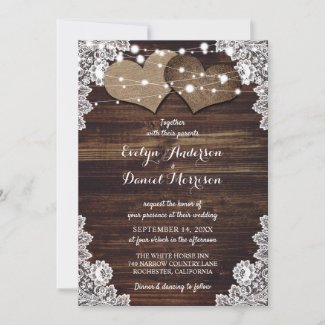 Rustic Chic Wood Burlap Lace String Lights Wedding Invitation