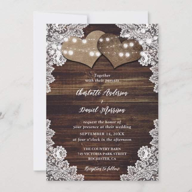 Rustic Chic Wood Burlap Lace String Lights Wedding Invitation (Front)