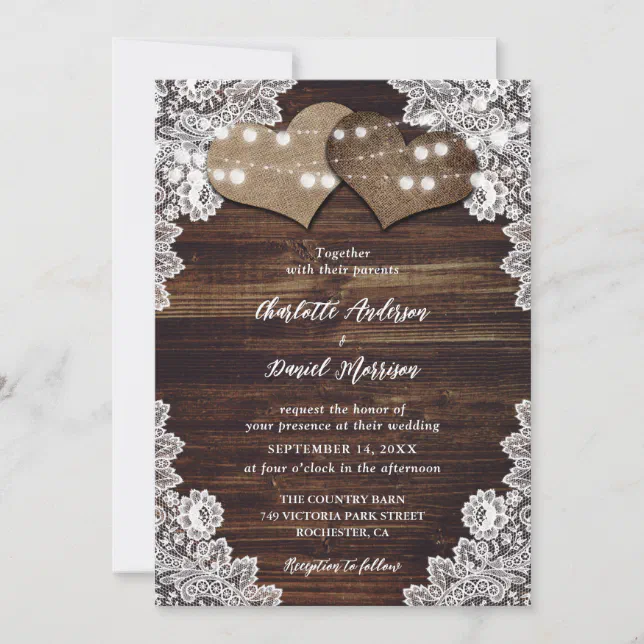 Rustic Chic Wood Burlap Lace String Lights Wedding Invitation | Zazzle