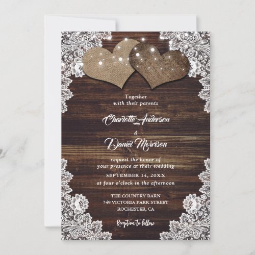 Rustic Chic Wood Burlap Lace String Lights Wedding Invitation