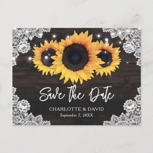 Rustic Chic Wood Lace Sunflower Save The Date Announcement Postcard