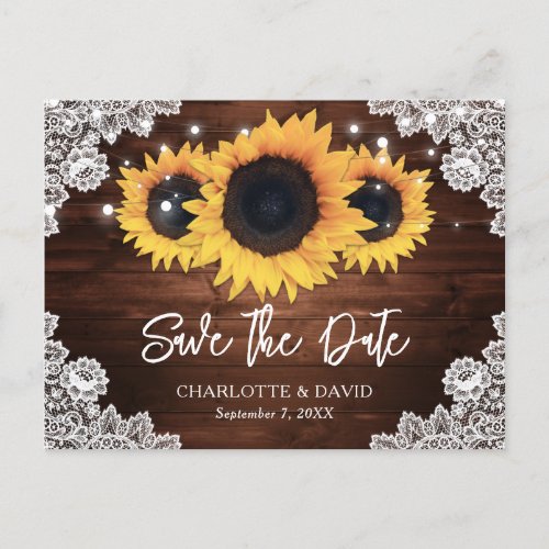 Rustic Chic Wood Lace Sunflower Save The Date Announcement Postcard