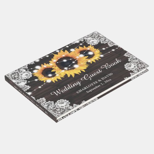 Rustic Chic Wood Lace Sunflower Wedding Guest Book