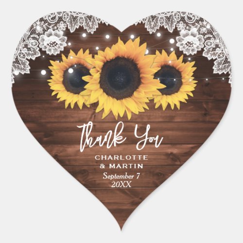 Rustic Chic Wood Lace Sunflower Wedding Heart Sticker