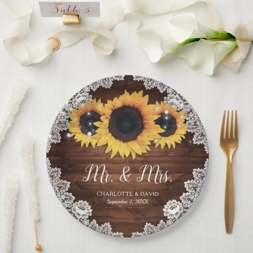 Rustic Chic Wood Lace Sunflower Wedding Paper Plates