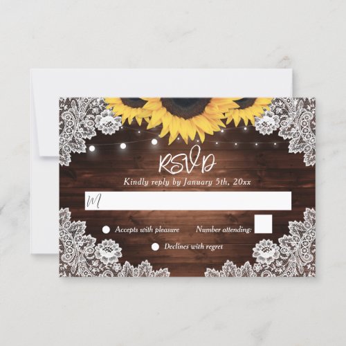 Rustic Chic Wood Lace Sunflower Wedding RSVP Card