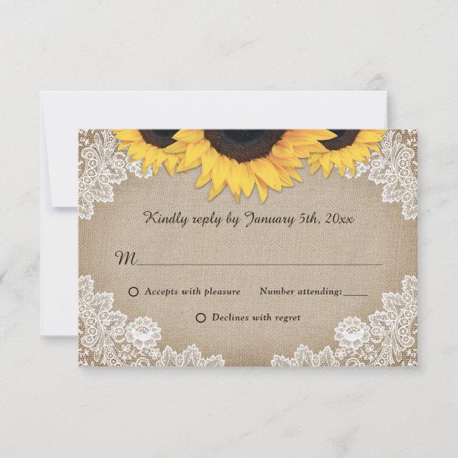Rustic Chic Wood Lace Sunflower Wedding RSVP Card (Front)