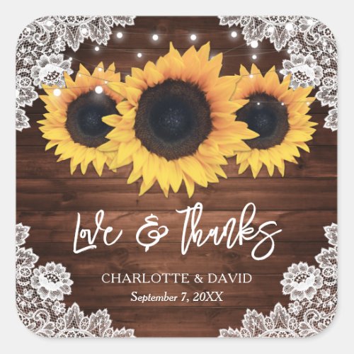 Rustic Chic Wood Lace Sunflower Wedding Thank You Square Sticker