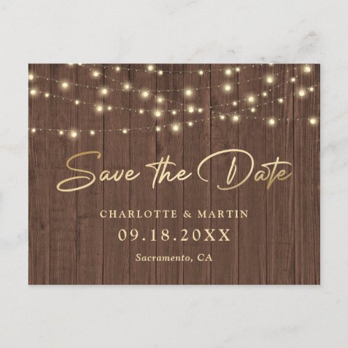 Rustic Chic Wood Lights Wedding Save The Date Announcement Postcard