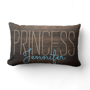 Rustic Chic WOOD PRINCESS YOUR NAME BEIGE IN BLUE Lumbar Pillow