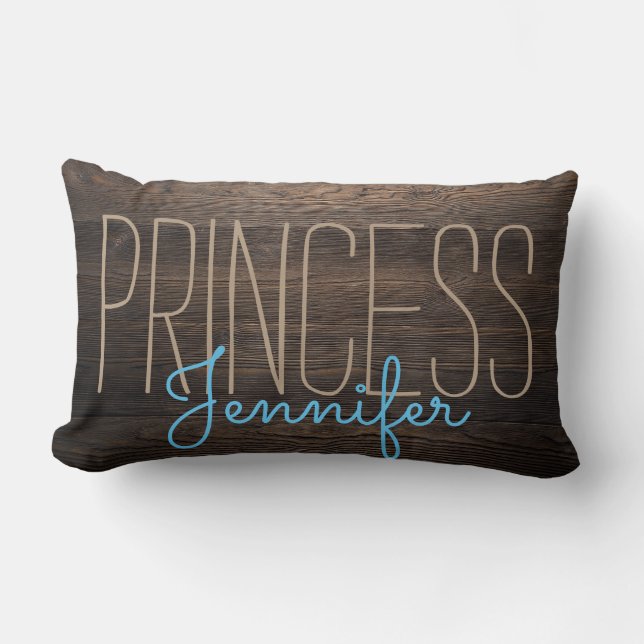 Rustic Chic WOOD PRINCESS YOUR NAME BEIGE IN BLUE Lumbar Pillow (Front)