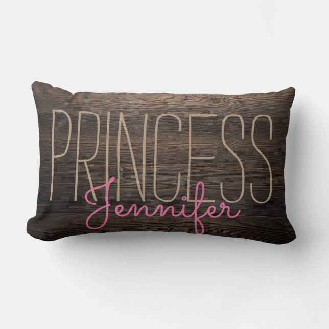 Rustic Chic WOOD PRINCESS YOUR NAME IN BEIGE  PINK Lumbar Pillow (Front)