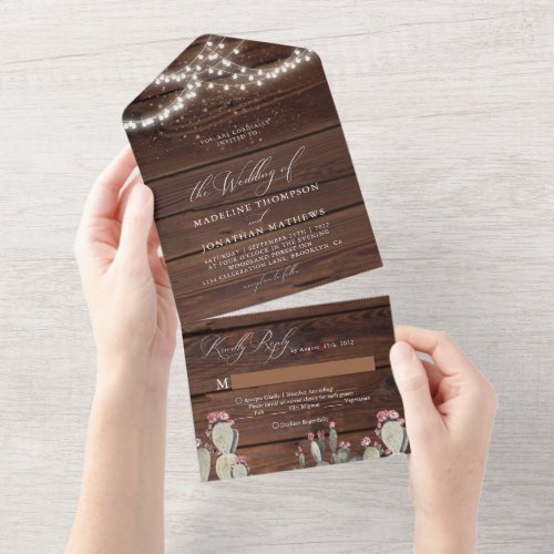 Rustic Chic Wood String Light Cactus Cacti Wedding All In One Invitation