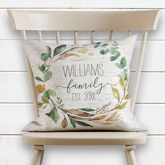 Rustic Chic Wreath Birch Family Monogram Name Throw Pillow (Creator Uploaded)