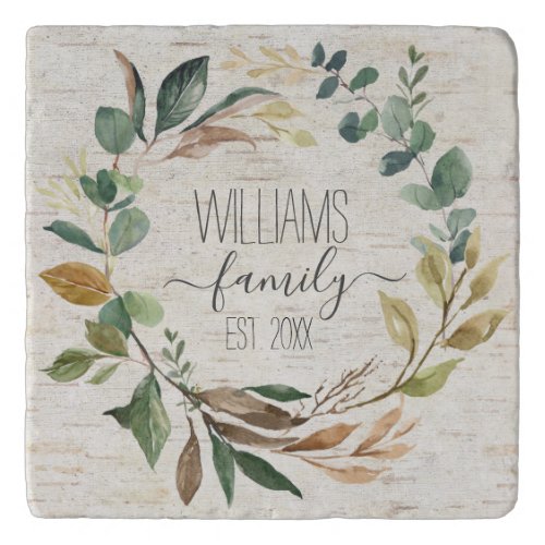 Rustic Chic Wreath Birch Family Monogram Name Trivet