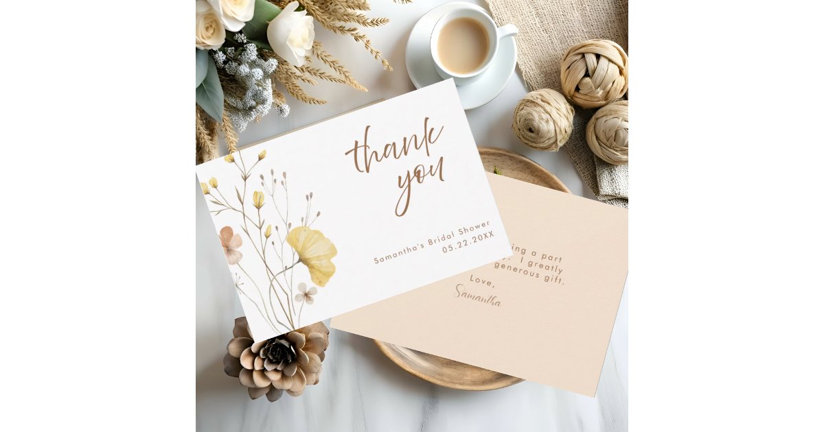 Rustic Chic Yellow Floral Bridal Shower Thank You Card | Zazzle