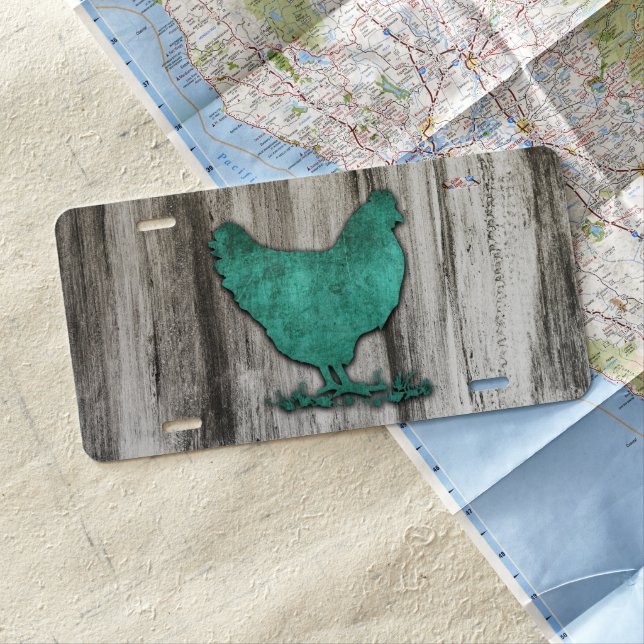 Rustic Chicken (Blue) License Plate (In Situ)