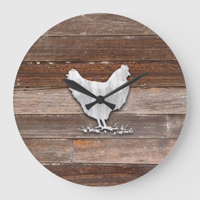 Rustic Chicken (Brown Boards) Large Clock (Front)
