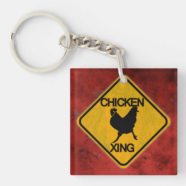 Rustic Chicken Crossing Sign Keychain (Front)