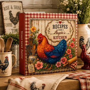 Rustic Chicken Hen Farmhouse Gingham Recipe 3 Ring Binder