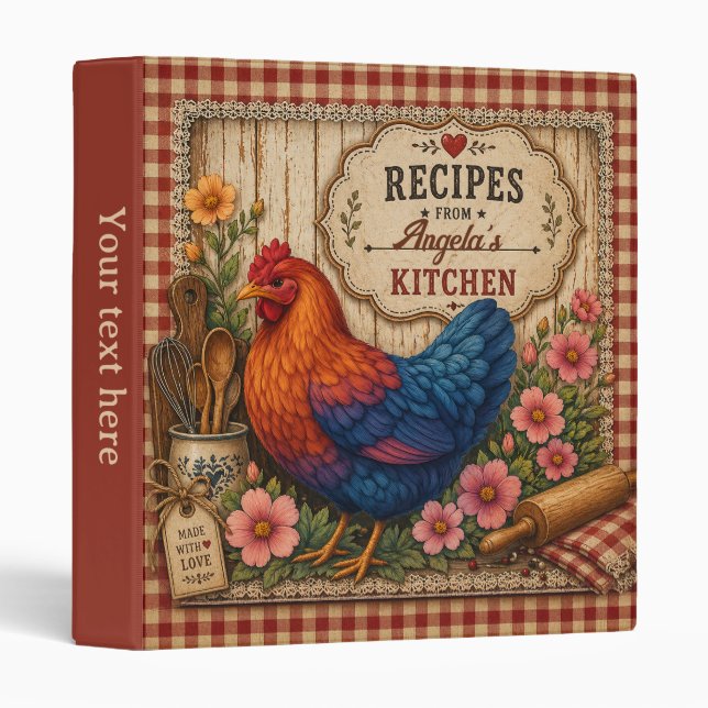Rustic Chicken Hen Farmhouse Gingham Recipe 3 Ring Binder (Front/Spine)