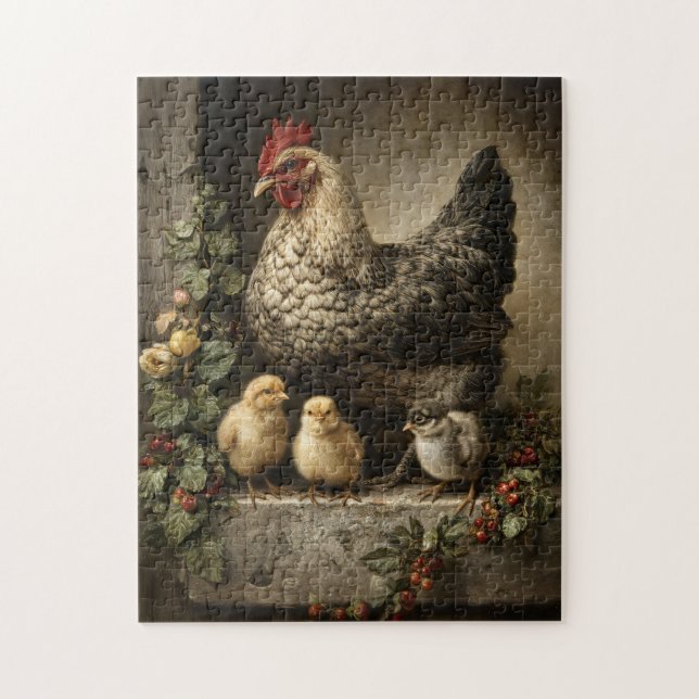 Rustic Chicken Hen with Chicks Jigsaw Puzzle (Vertical)