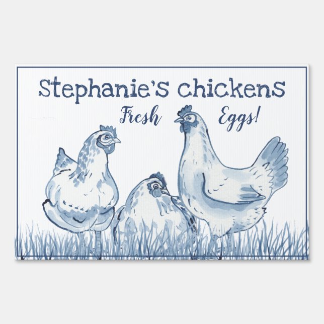 Rustic Chicken Hens Blue & White Fresh Egg Custom Sign (Back)