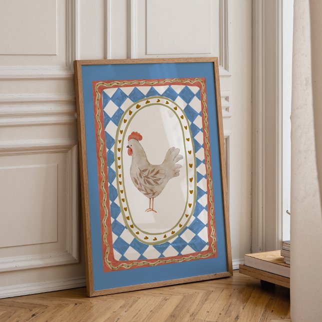 Rustic Chicken Illustration  Poster (Farmhouse chicken wall art for nursery with colorful vintage hen illustration)