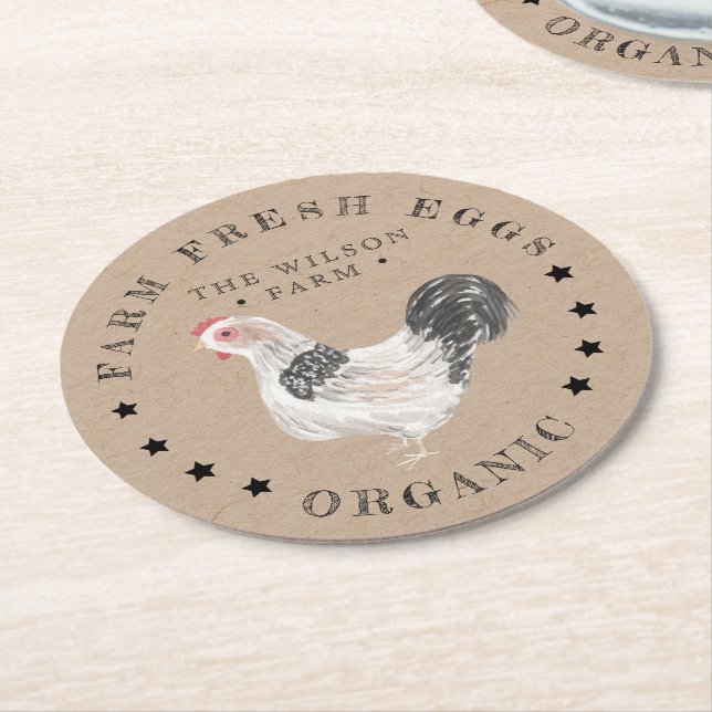 Rustic Chicken Kraft Egg Carton Round Paper Coaster (Angled)