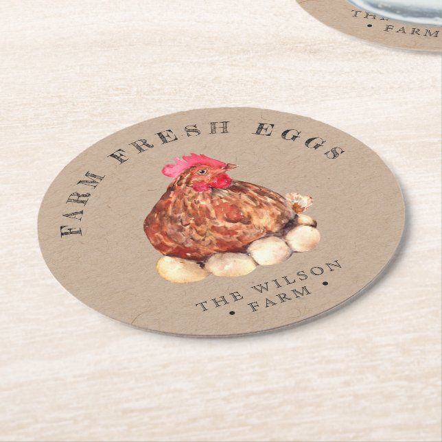Rustic Chicken Kraft Round Paper Coaster (Angled)