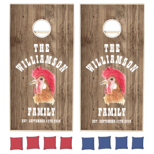 Rustic Chicken Painting with Family Name Cornhole Set