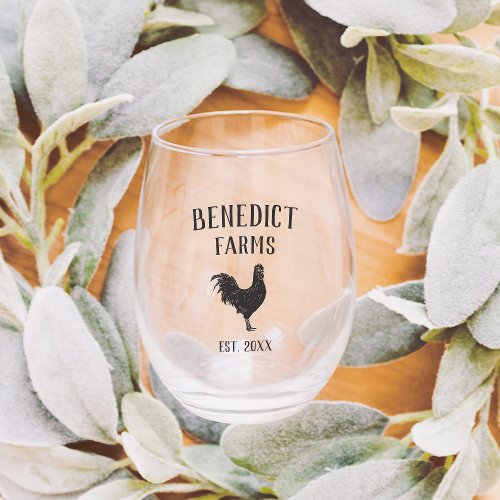 Rustic Chicken Personalized Farm Name Stemless Wine Glass
