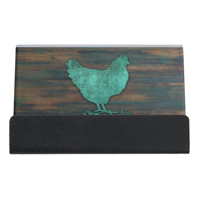 Rustic Chicken (Teal) Desk Business Card Holder (Front)