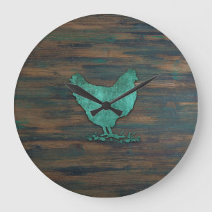 Rustic Chicken (Teal) Large Clock