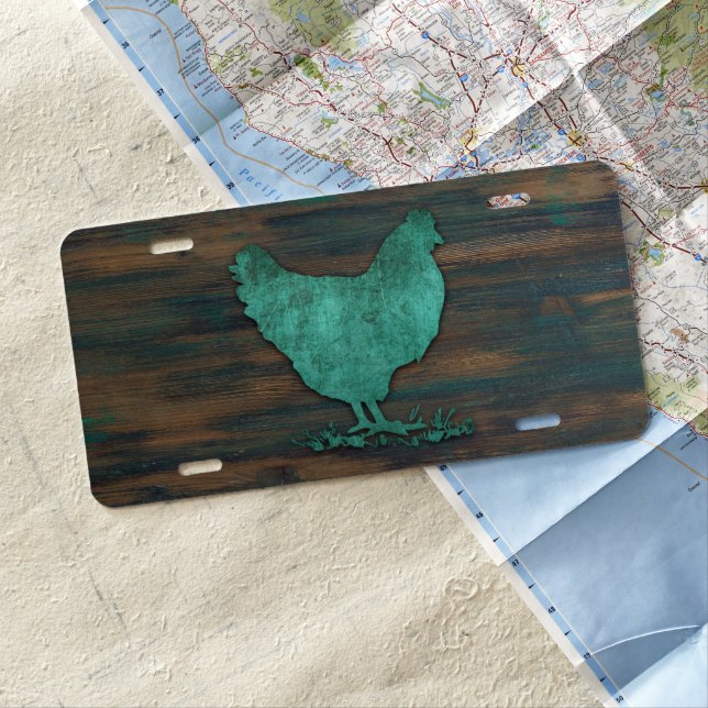 Rustic Chicken (Teal) License Plate (In Situ)