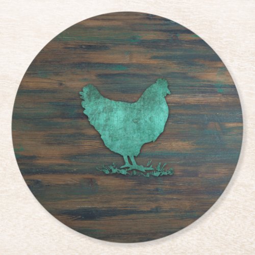 Rustic Chicken Teal Round Paper Coaster