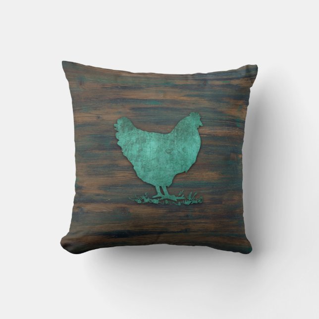 Rustic Chicken (Teal) Throw Pillow (Front)