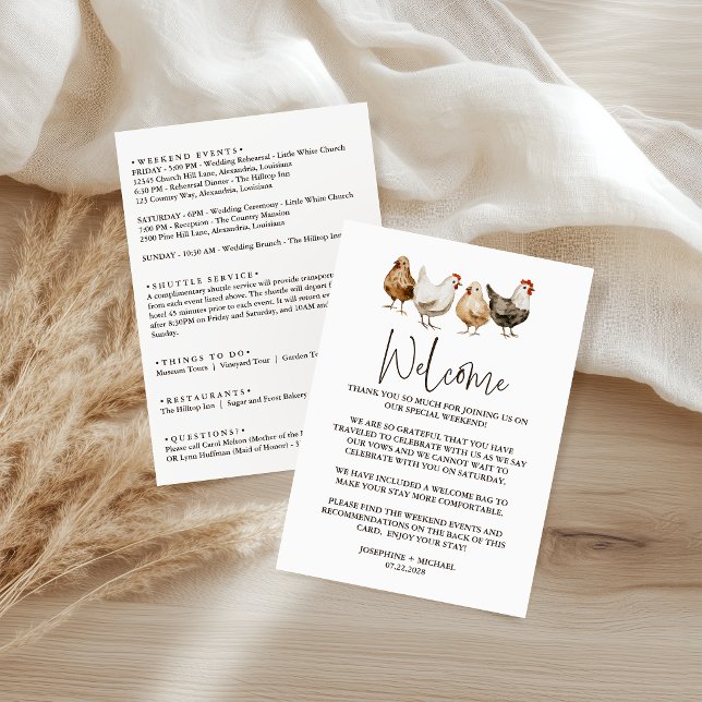 Rustic Chicken Wedding Itinerary & Welcome Letter  Note Card (Creator Uploaded)