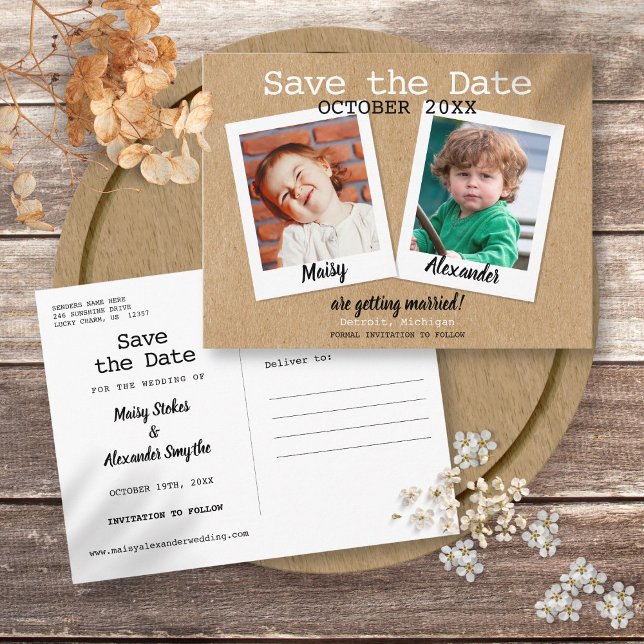 Rustic Childhood Photos Save the Date Announcement Postcard (Rustic Childhood Photos Save the Date Announcement Postcard)