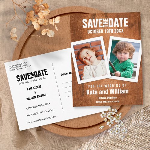 Rustic Childhood Photos Vintage Wood Save the Date Announcement Postcard