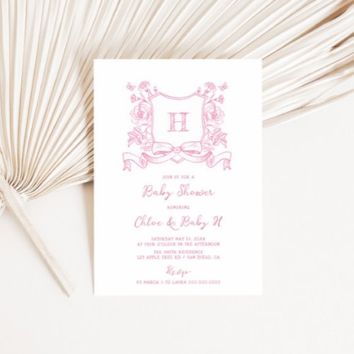 Rustic Chinoiserie Bow Floral Crest Baby Shower Invitation