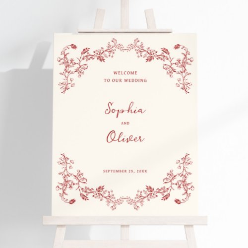 Rustic Chinoiserie Crimson Red Wedding Welcome Foam Board