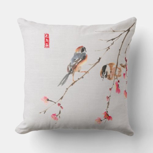 Rustic Chinoiserie Watercolor Bird Flower Painting Throw Pillow