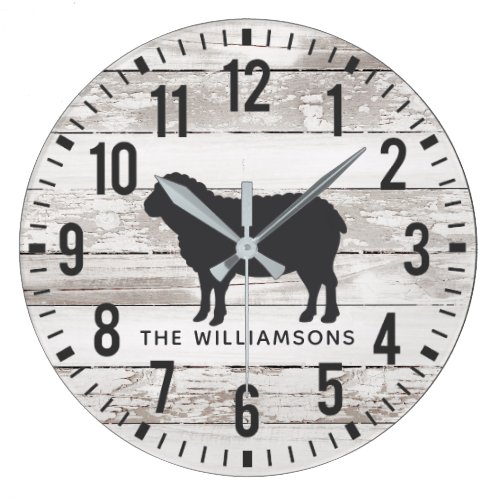 Rustic Chippy Planks Custom Family Name Sheep Large Clock