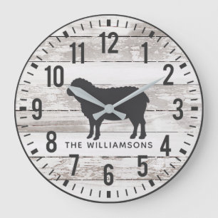 Rustic Chippy Planks Custom Family Name Sheep Large Clock