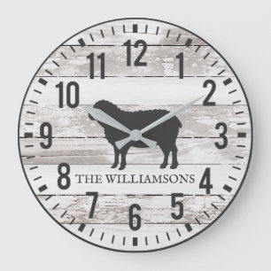 Rustic Chippy Planks Custom Family Name Sheep Large Clock