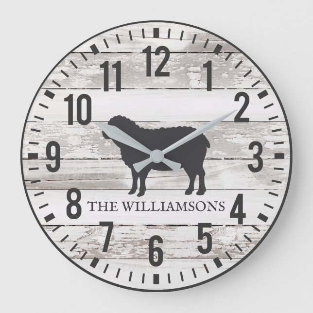 Rustic Chippy Planks Custom Family Name Sheep Large Clock (Front)