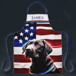 Rustic Chocolate Lab on Flag Apron<br><div class="desc">This apron design features a bust of a chocolate lab a muted American flag in red, white, and blue. Add a name to personalize it. Great for the patriot hunter or dog lover in your life. Makes a great Father's Day or birthday gift for the cook or griller in your...</div>
